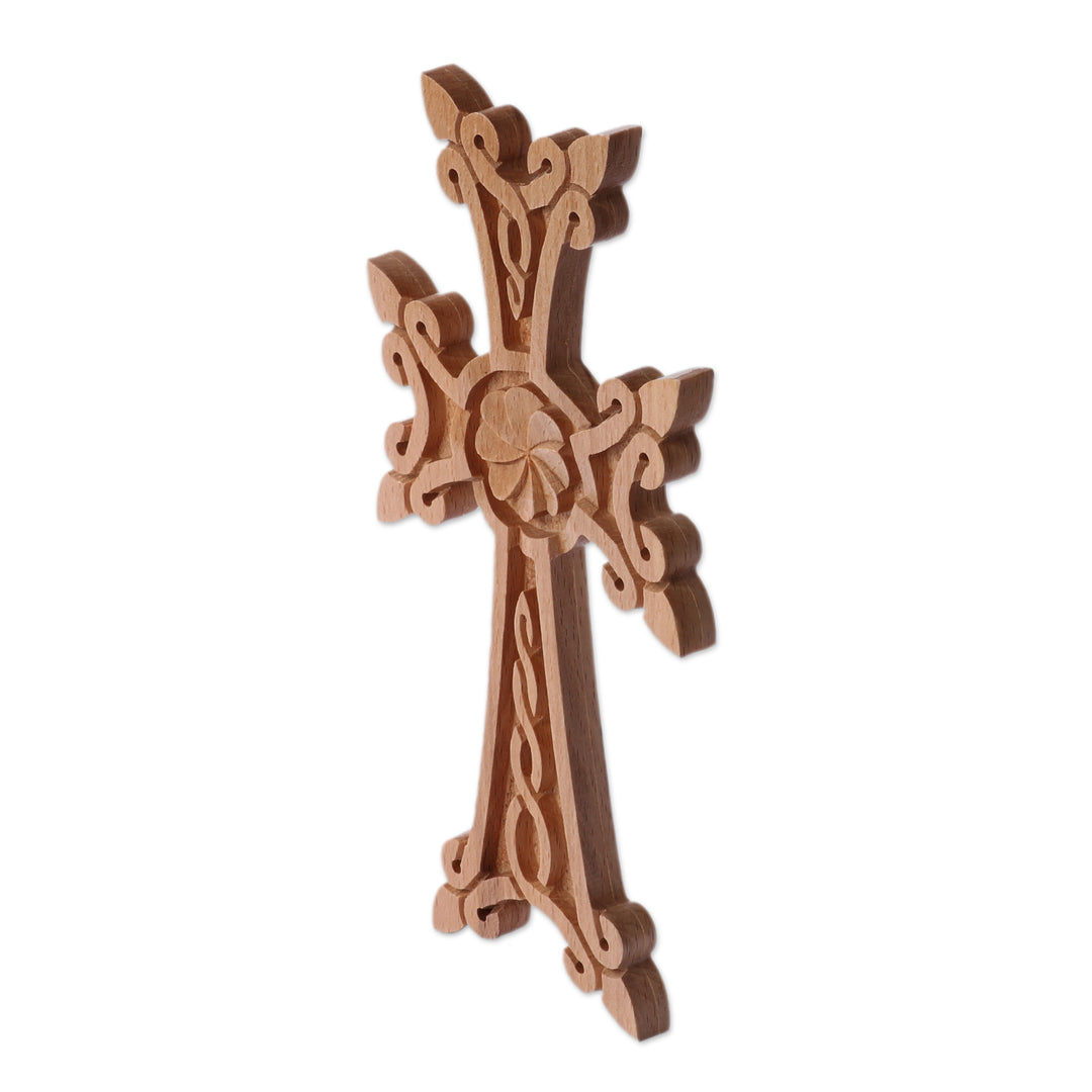 Armenian-Inspired Hand-Carved Light Brown Beech Wood Cross - Morning Divinity