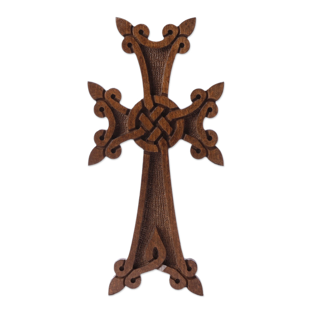 Folk Art Hand-Carved Dark Brown Beech Wood Cross (Medium) - Everlasting Grace