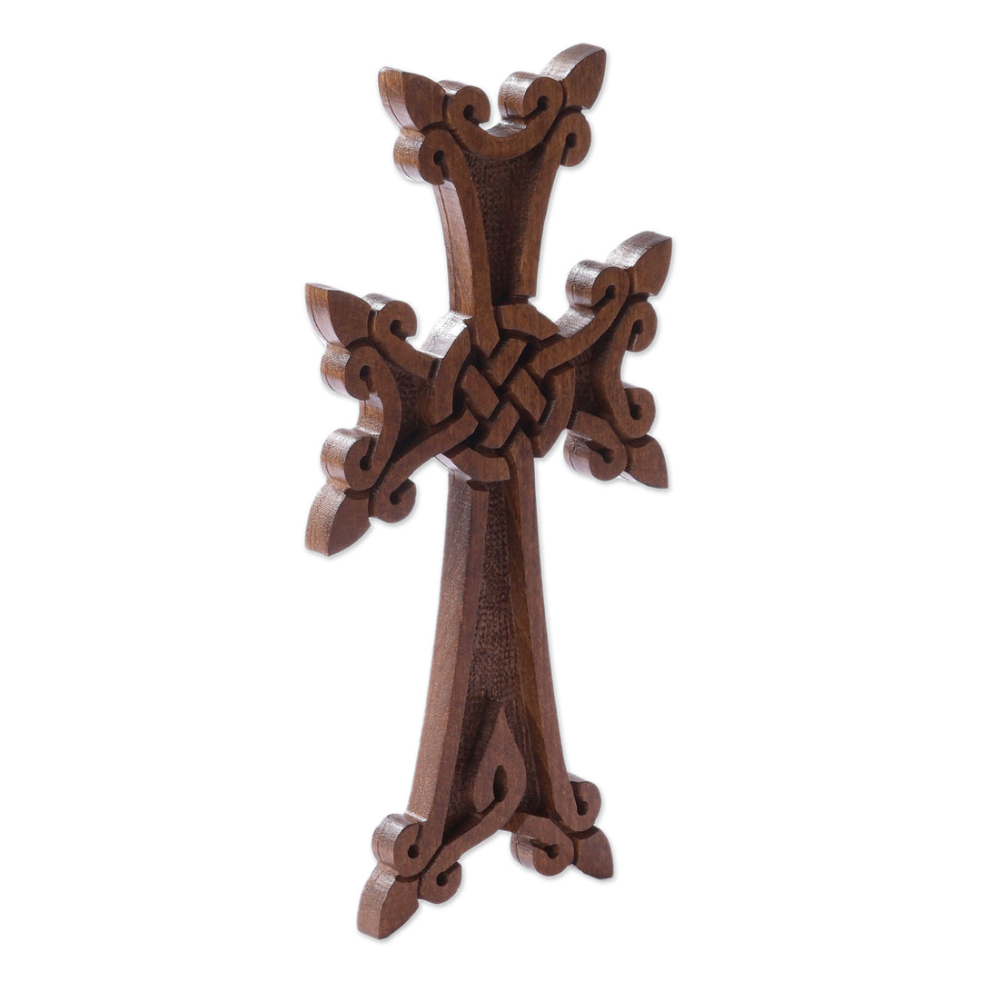 Folk Art Hand-Carved Dark Brown Beech Wood Cross (Medium) - Everlasting Grace