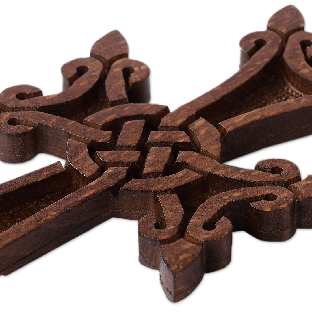Folk Art Hand-Carved Dark Brown Beech Wood Cross (Medium) - Everlasting Grace