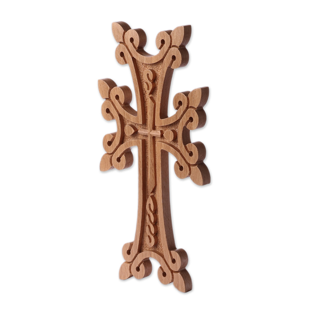 Traditional Hand-Carved Medium-Sized Brown Beech Wood Cross - Sacred Sense