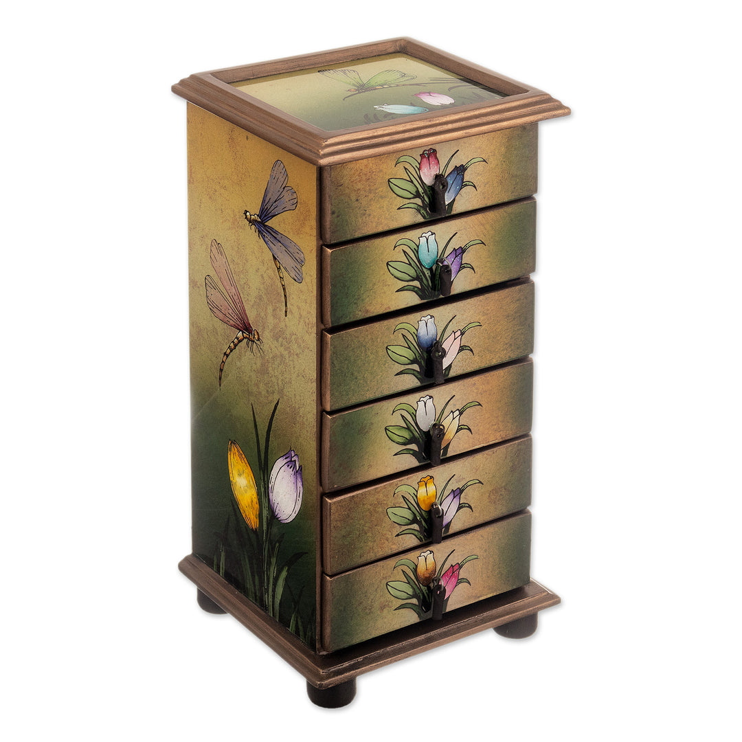 Reverse Painted Glass Dragonfly Floral-Themed Jewelry Box - Flying Dragonflies