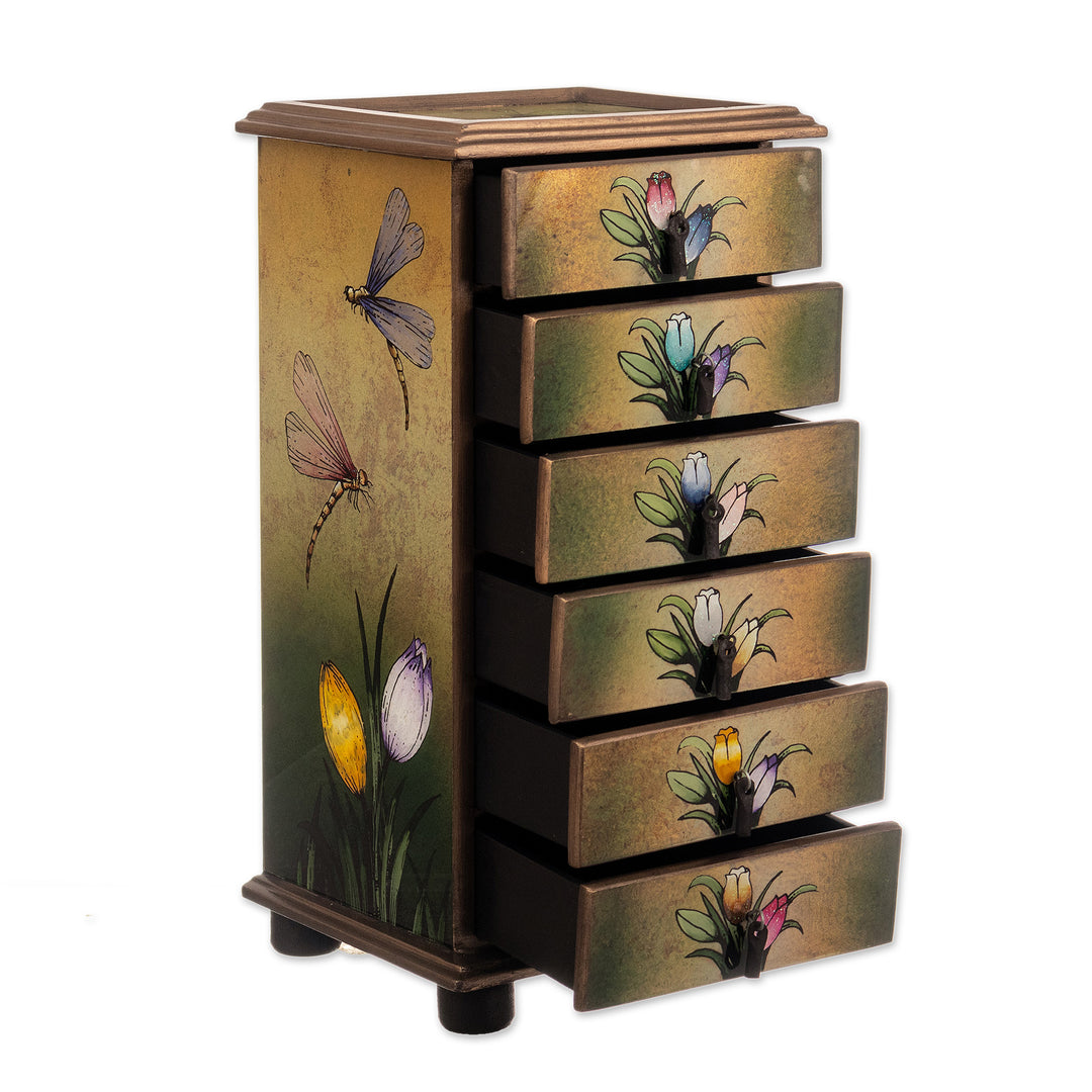Reverse Painted Glass Dragonfly Floral-Themed Jewelry Box - Flying Dragonflies
