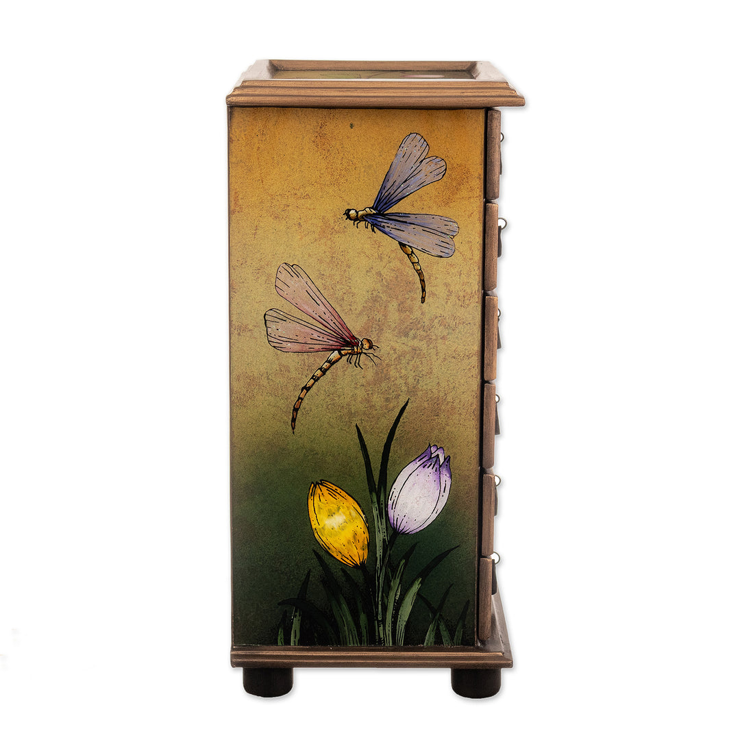 Reverse Painted Glass Dragonfly Floral-Themed Jewelry Box - Flying Dragonflies
