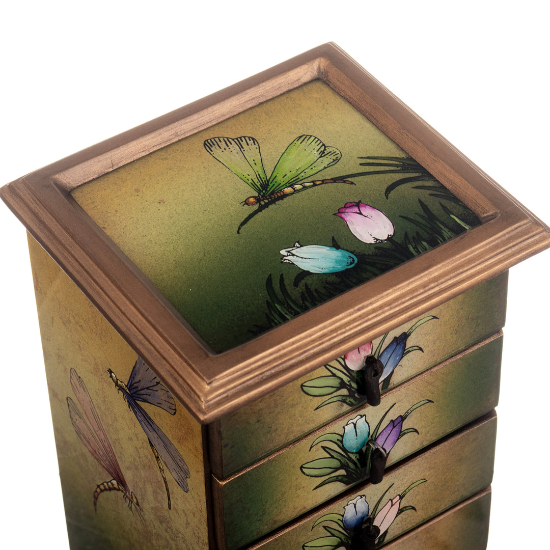 Reverse Painted Glass Dragonfly Floral-Themed Jewelry Box - Flying Dragonflies