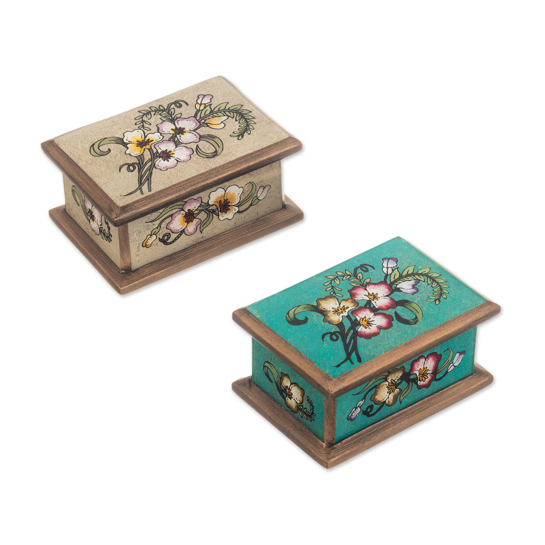 2 Floral-Themed Reverse Painted Glass Decorative Boxes - Petite Garden