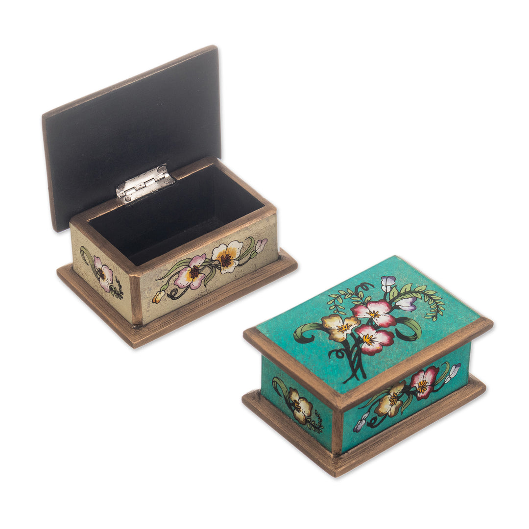 2 Floral-Themed Reverse Painted Glass Decorative Boxes - Petite Garden