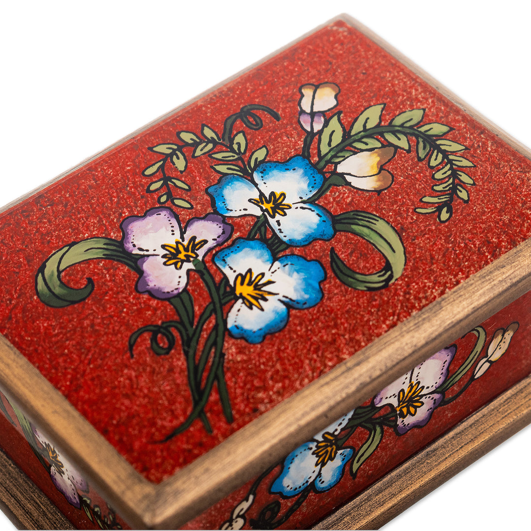2 Red and Blue Reverse Painted Glass Floral Decorative Boxes - Precious Garden