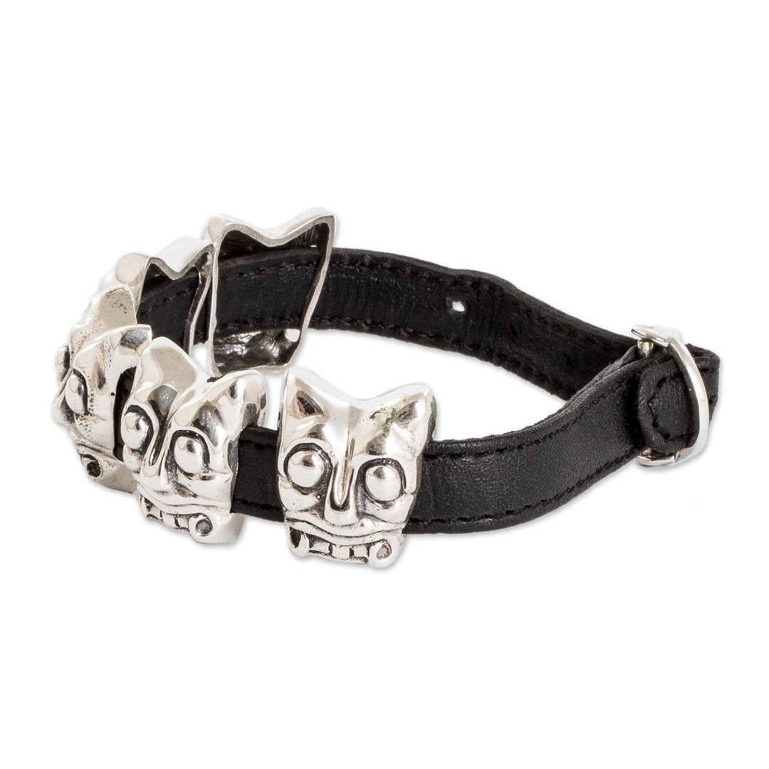 Archaeological Mayan Jaguar Silver and Leather Bracelet - Iximche Jaguar