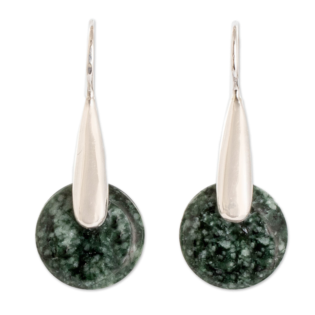 Modern Green Jade Silver Drop Earrings with Circle Motif - Green Circle of Love