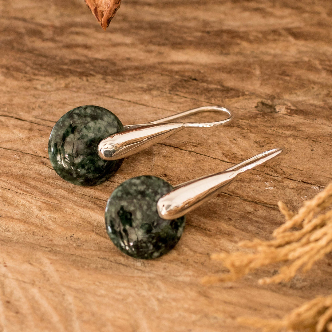 Modern Green Jade Silver Drop Earrings with Circle Motif - Green Circle of Love