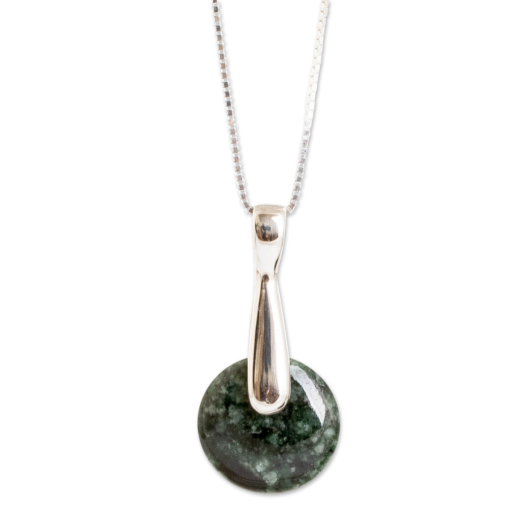 Modern Dark Green Jade Silver Necklace with Round Pendant - Green Circle of Love