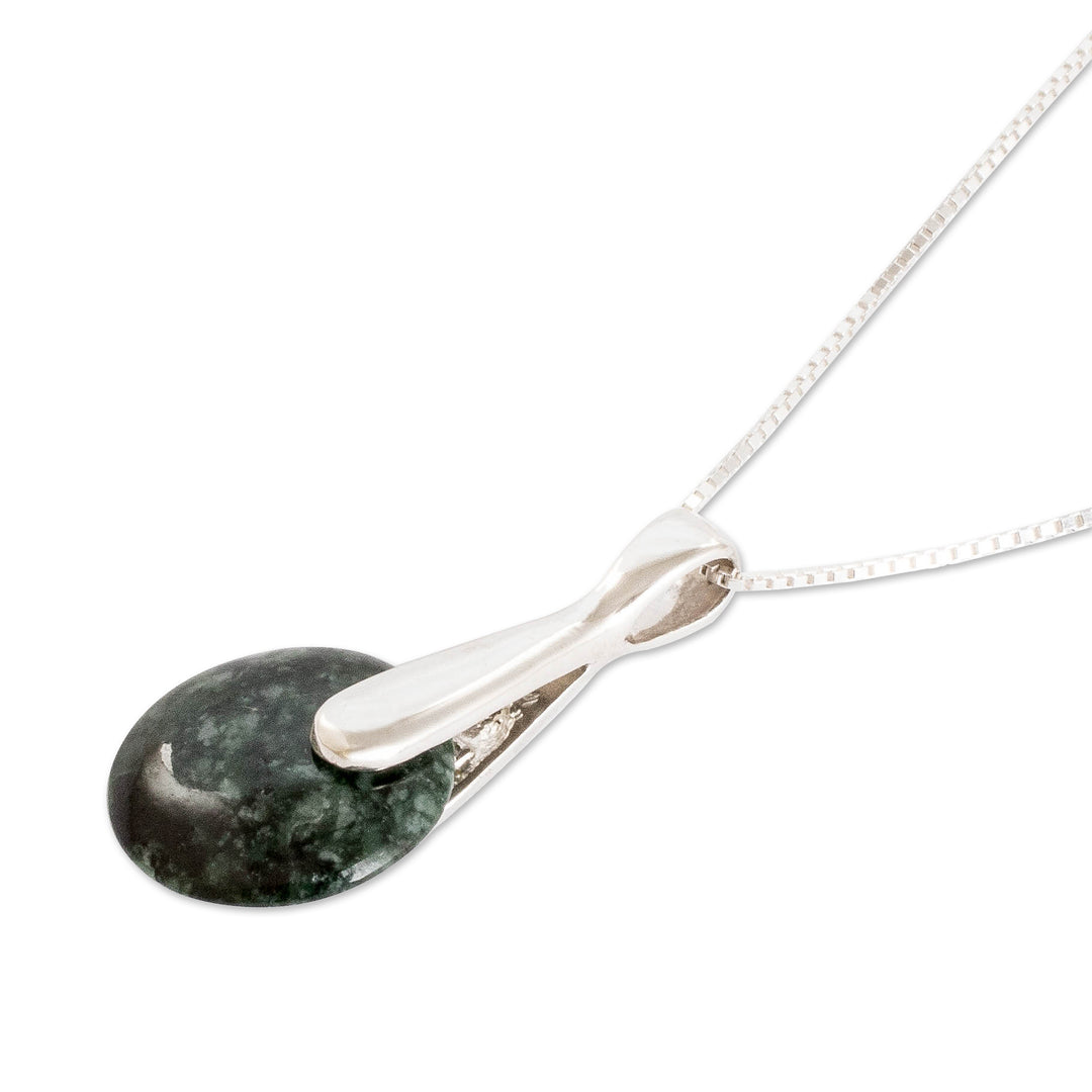 Modern Dark Green Jade Silver Necklace with Round Pendant - Green Circle of Love