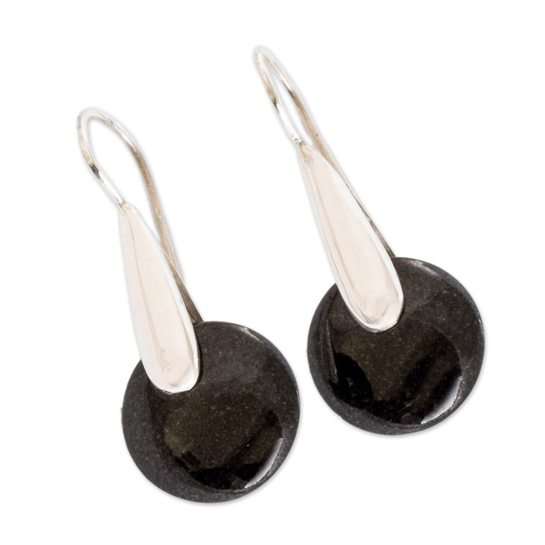 Minimalist Silver Drop Earrings with Black Jade Stones - Black Circle of Love