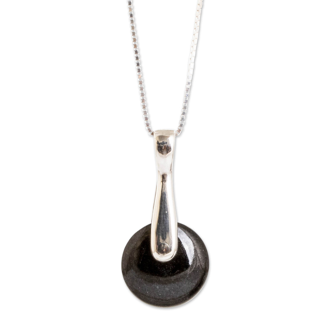 Minimalist Silver Necklace with Round Black Jade Pendant - Black Circle of Love