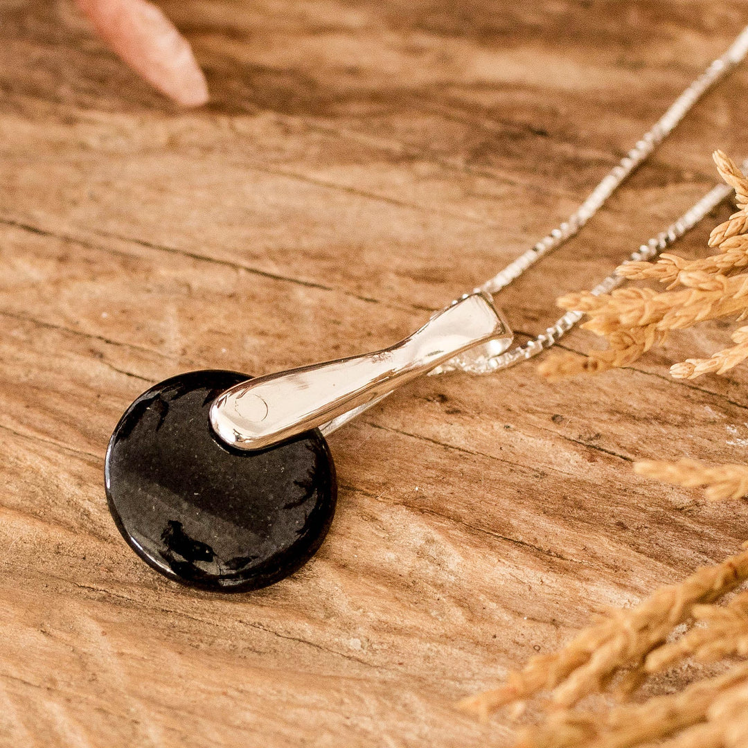Minimalist Silver Necklace with Round Black Jade Pendant - Black Circle of Love