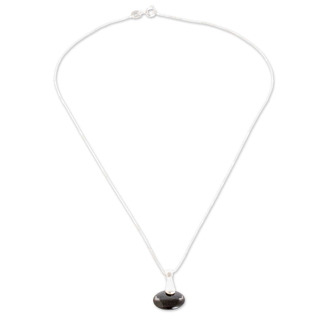 Minimalist Silver Necklace with Round Black Jade Pendant - Black Circle of Love