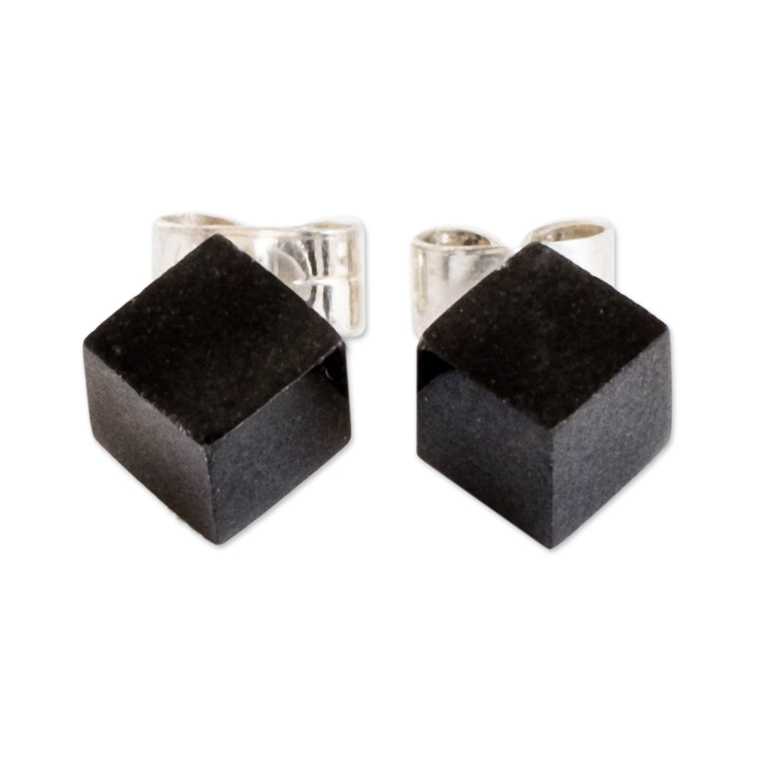 Cube Square Shaped Modern Black Jade Silver Button Earrings - Black Cube