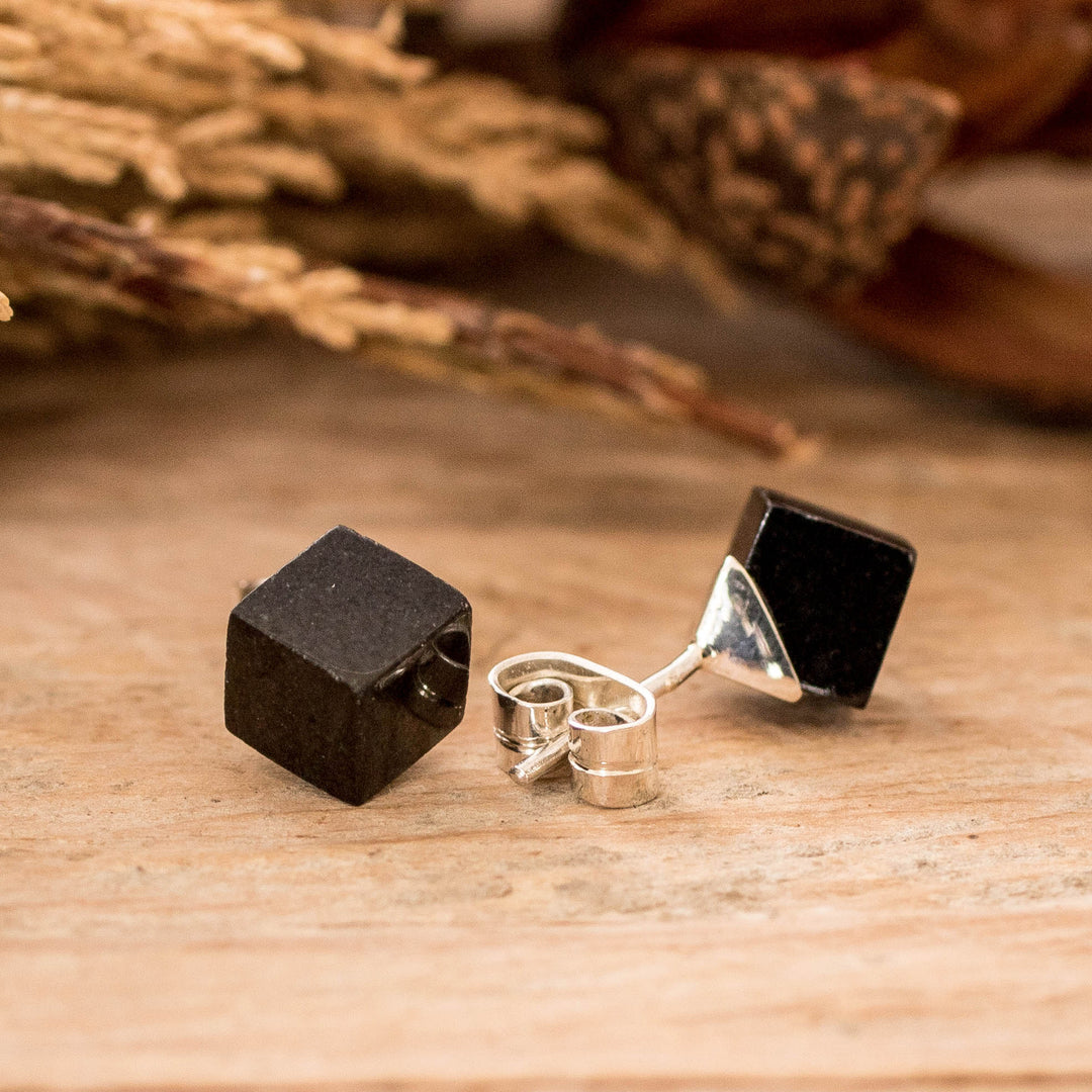 Cube Square Shaped Modern Black Jade Silver Button Earrings - Black Cube