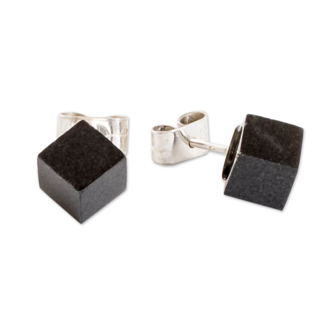 Cube Square Shaped Modern Black Jade Silver Button Earrings - Black Cube