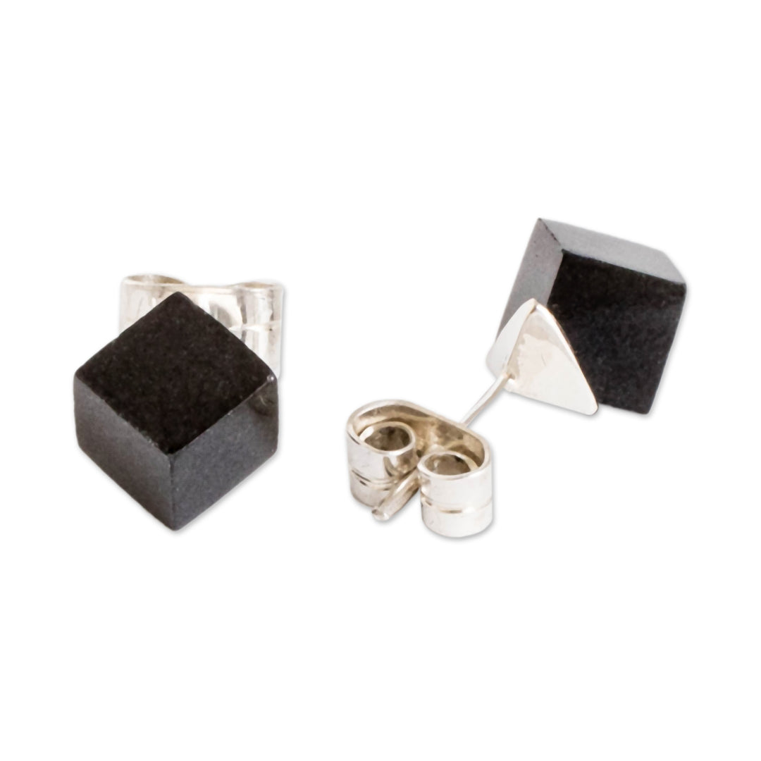 Cube Square Shaped Modern Black Jade Silver Button Earrings - Black Cube