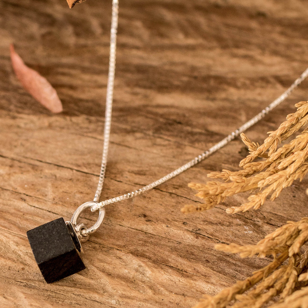Minimalist Cube Square Black Jade Silver Pendant Necklace - Black Cube