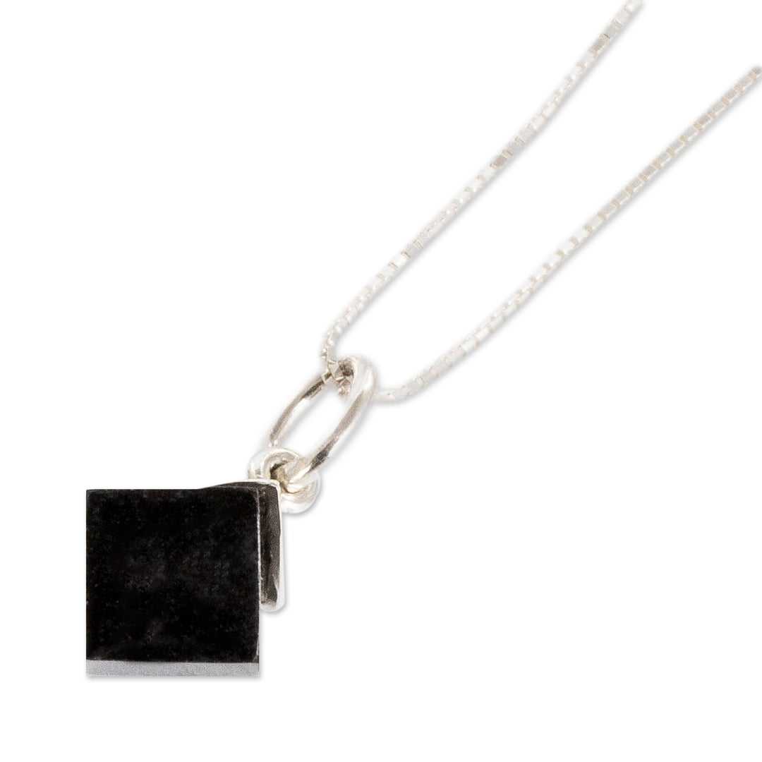 Minimalist Cube Square Black Jade Silver Pendant Necklace - Black Cube