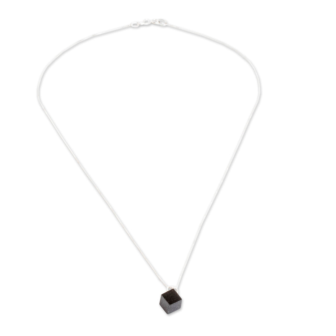 Minimalist Cube Square Black Jade Silver Pendant Necklace - Black Cube