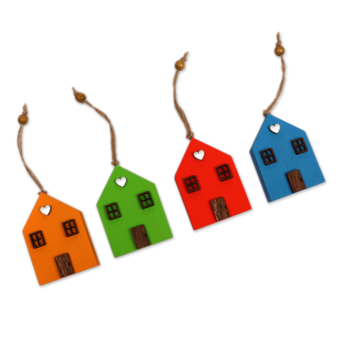 Whimsical Multicolor 4-Piece Beechwood House Ornament Set - Colorful Home