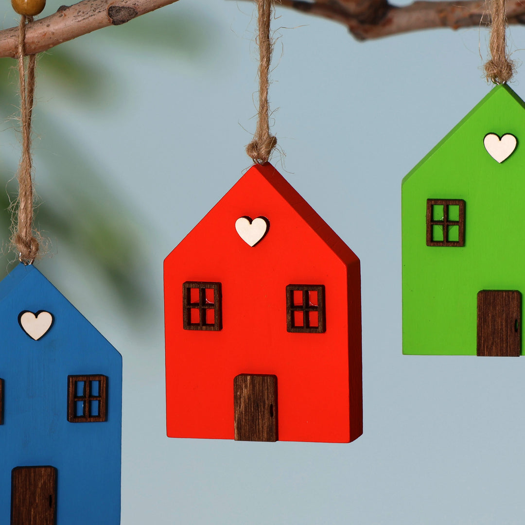 Whimsical Multicolor 4-Piece Beechwood House Ornament Set - Colorful Home