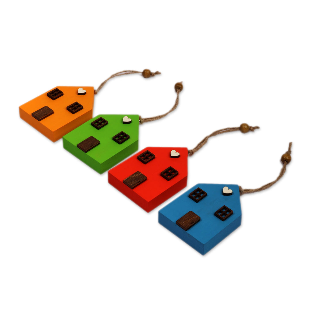 Whimsical Multicolor 4-Piece Beechwood House Ornament Set - Colorful Home