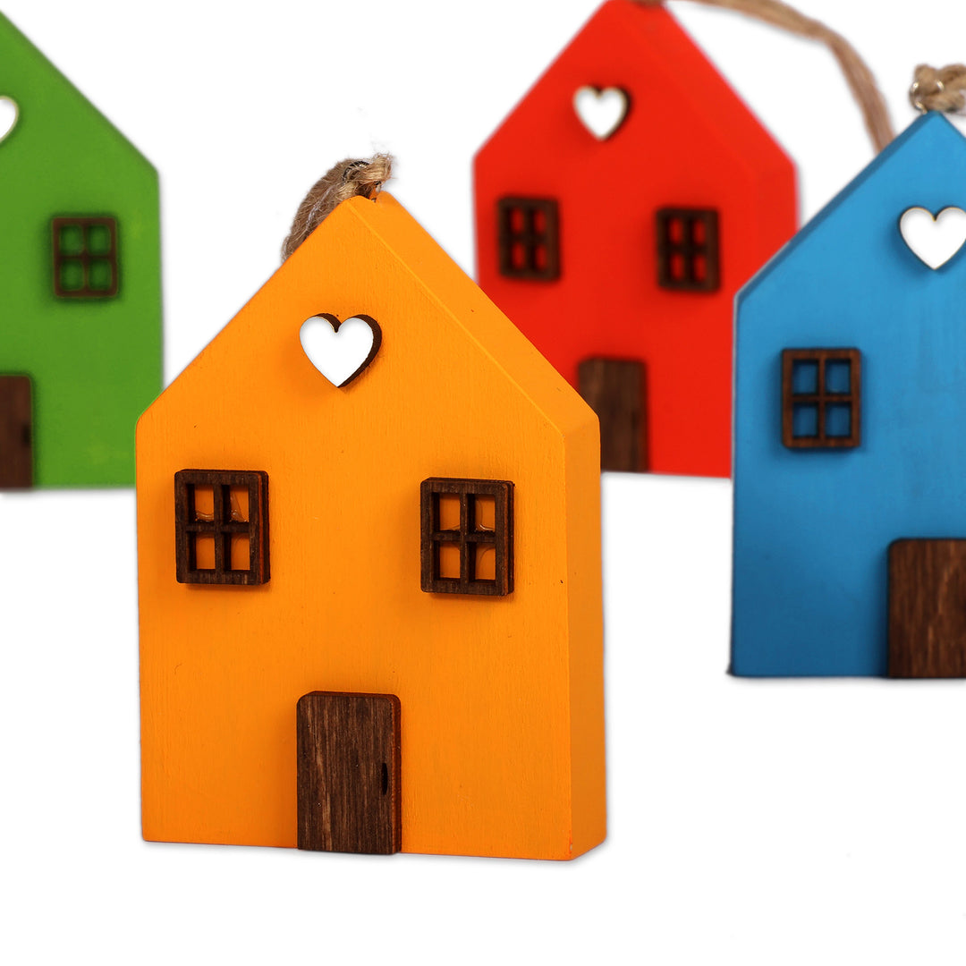Whimsical Multicolor 4-Piece Beechwood House Ornament Set - Colorful Home