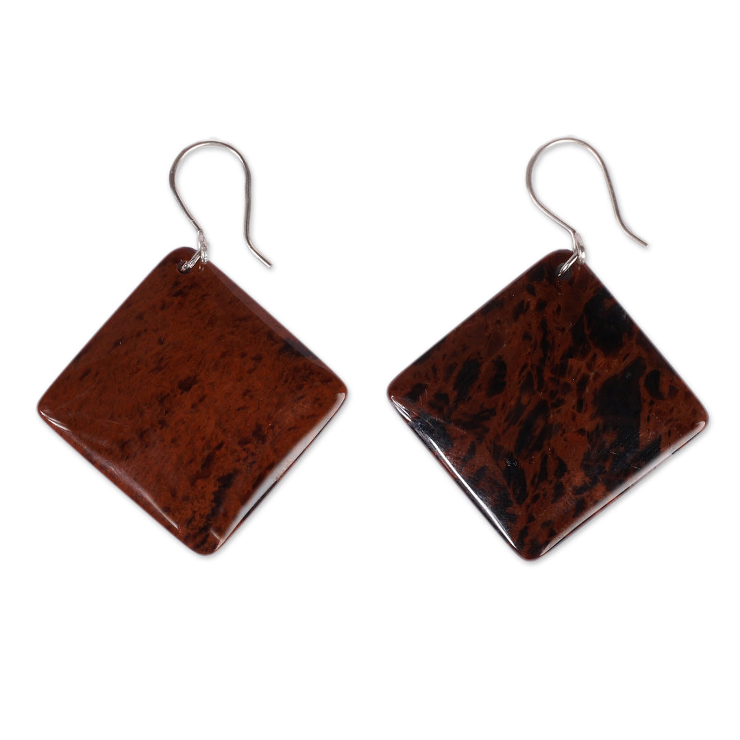 Square-Shaped Natural Obsidian Dangle Earrings from Armenia - Square Bravery