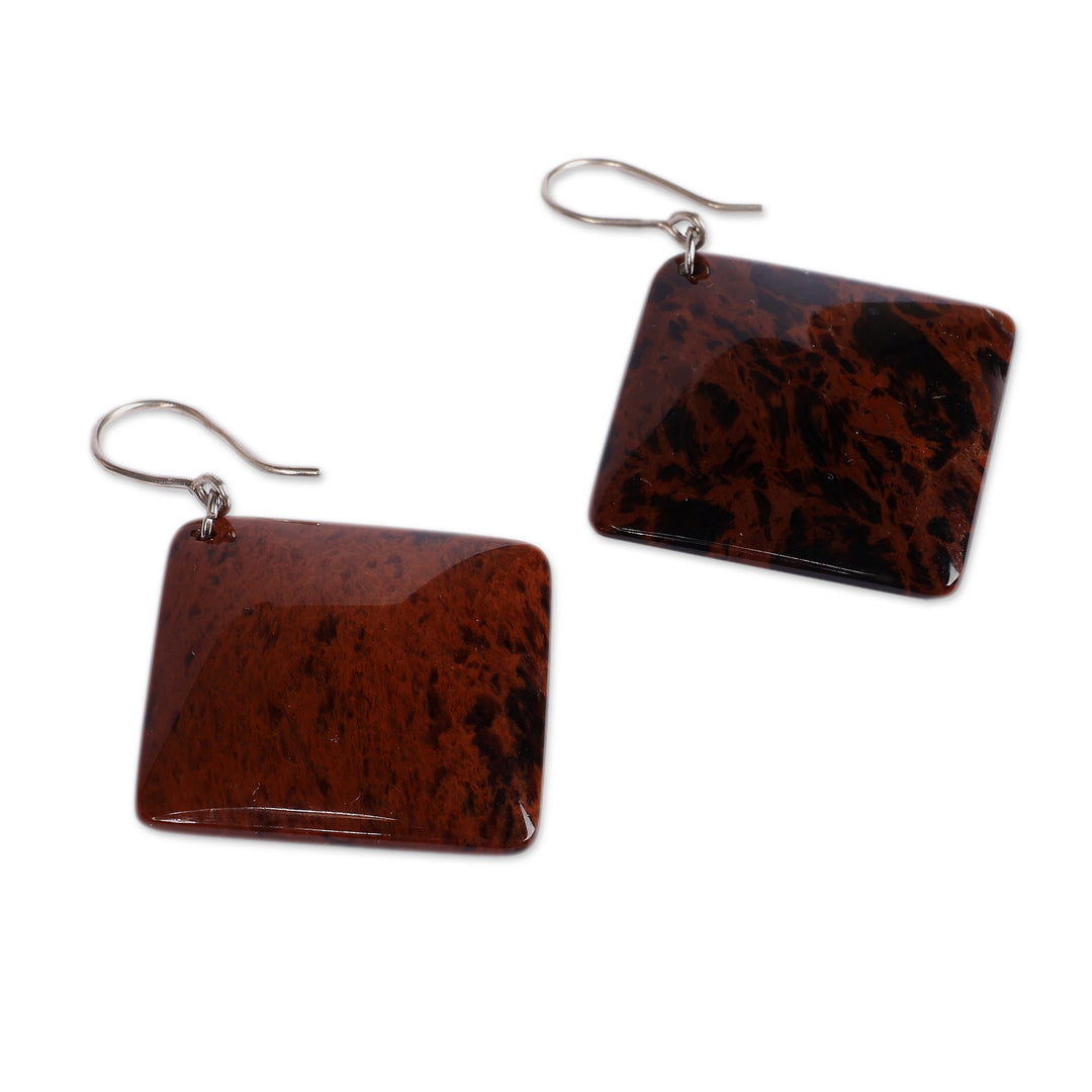 Square-Shaped Natural Obsidian Dangle Earrings from Armenia - Square Bravery