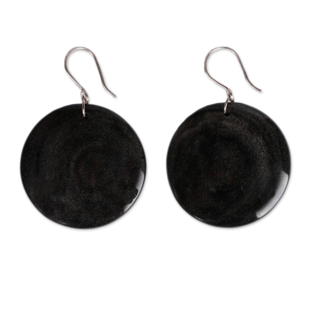 Minimalist Round Black Natural Obsidian Dangle Earrings - Lunar Darkness