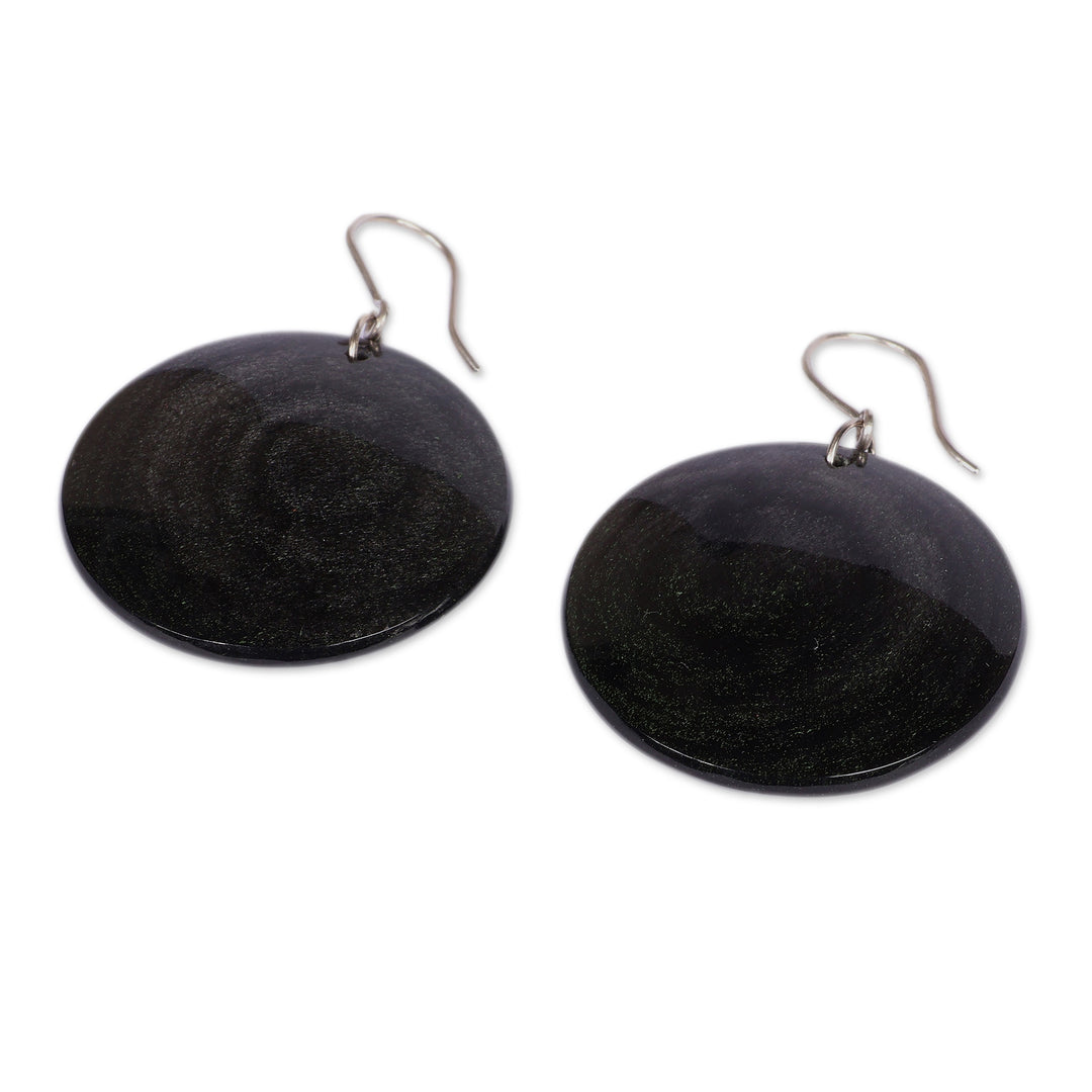Minimalist Round Black Natural Obsidian Dangle Earrings - Lunar Darkness