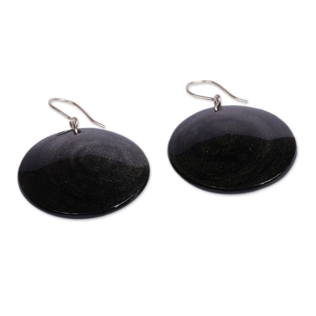 Minimalist Round Black Natural Obsidian Dangle Earrings - Lunar Darkness
