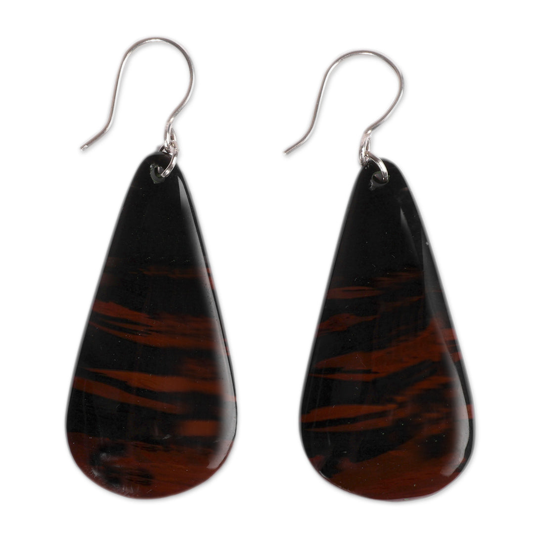 Black and Brown Natural Obsidian Cabochon Dangle Earrings - Twilight Duo