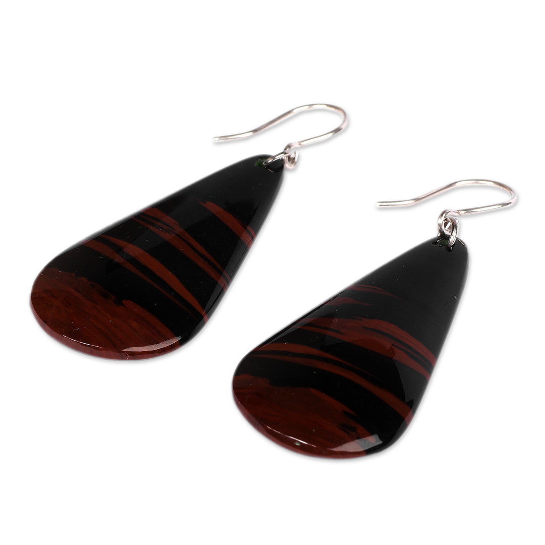 Black and Brown Natural Obsidian Cabochon Dangle Earrings - Twilight Duo