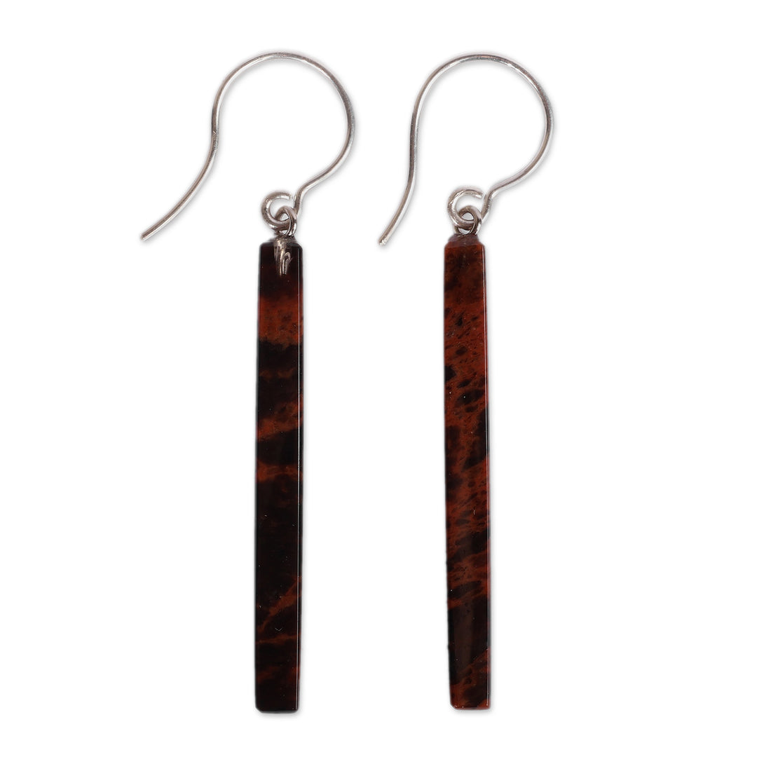 Minimalist Dark Brown Obsidian Dangle Earrings with Hooks - Pillar of Courage