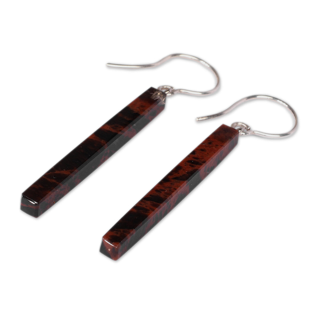 Minimalist Dark Brown Obsidian Dangle Earrings with Hooks - Pillar of Courage