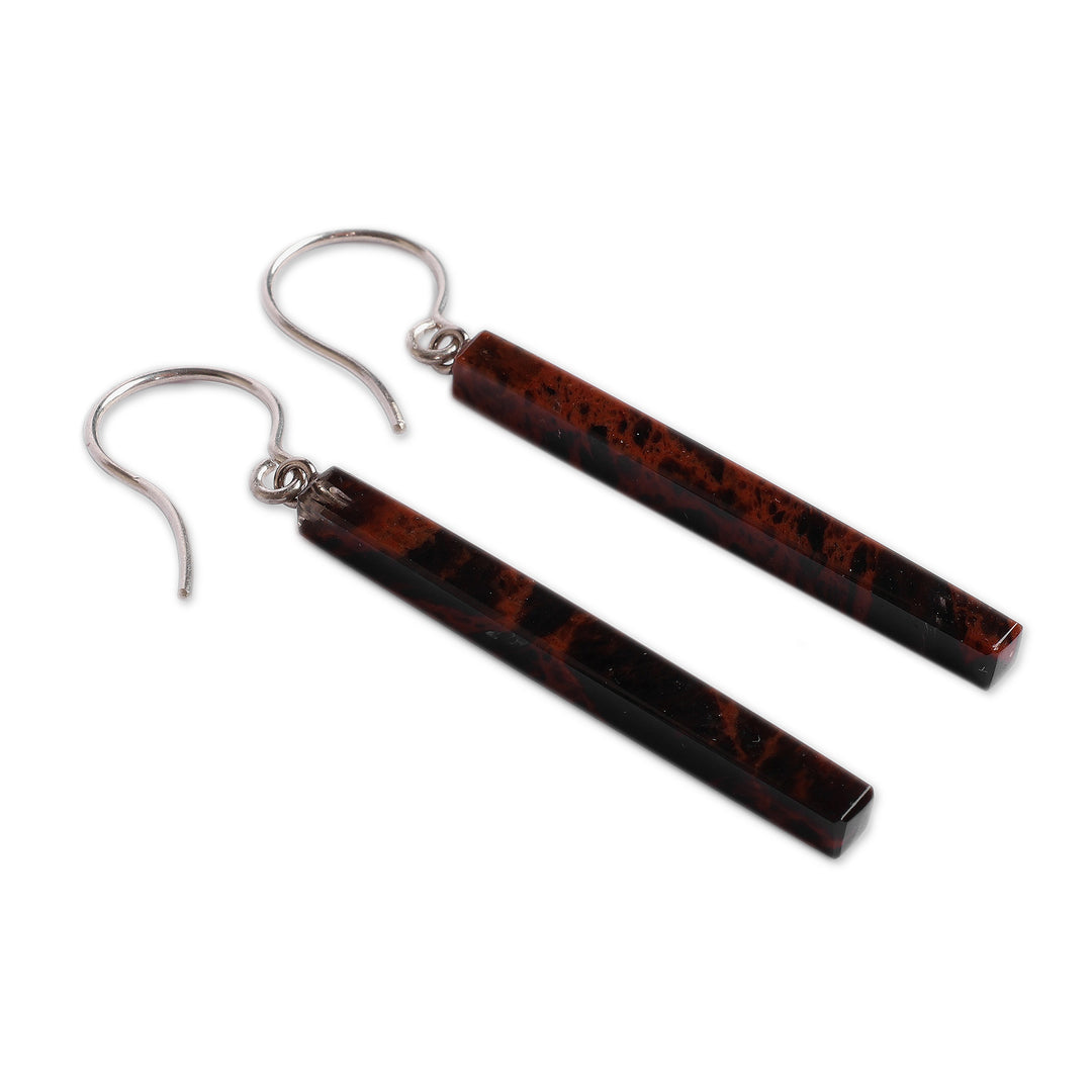 Minimalist Dark Brown Obsidian Dangle Earrings with Hooks - Pillar of Courage
