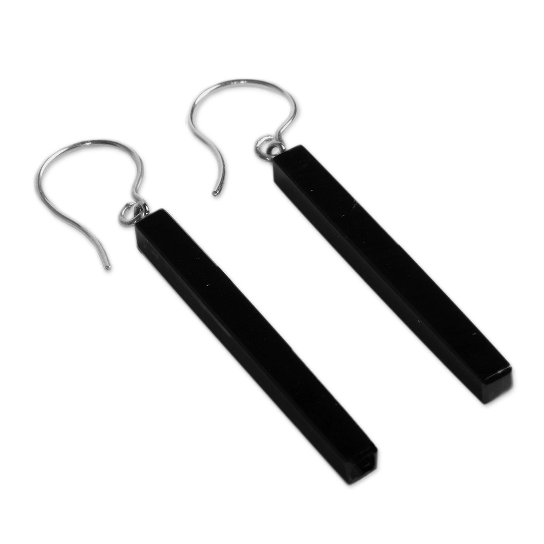 Polished Modern Black Obsidian Dangle Earrings with Hooks - Pillar of Power