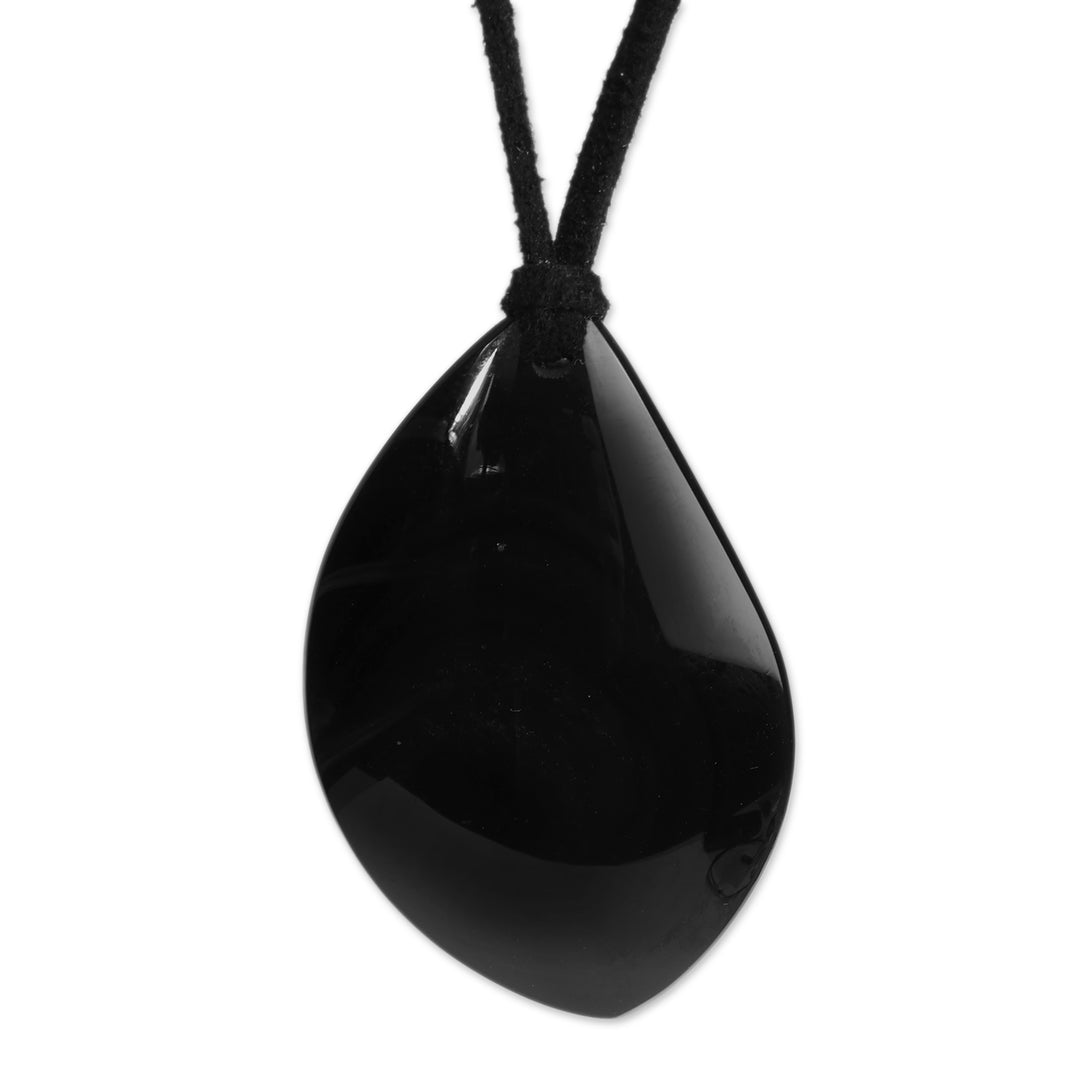Bohemian Natural Obsidian and Faux Leather Pendant Necklace - Nocturnal Night