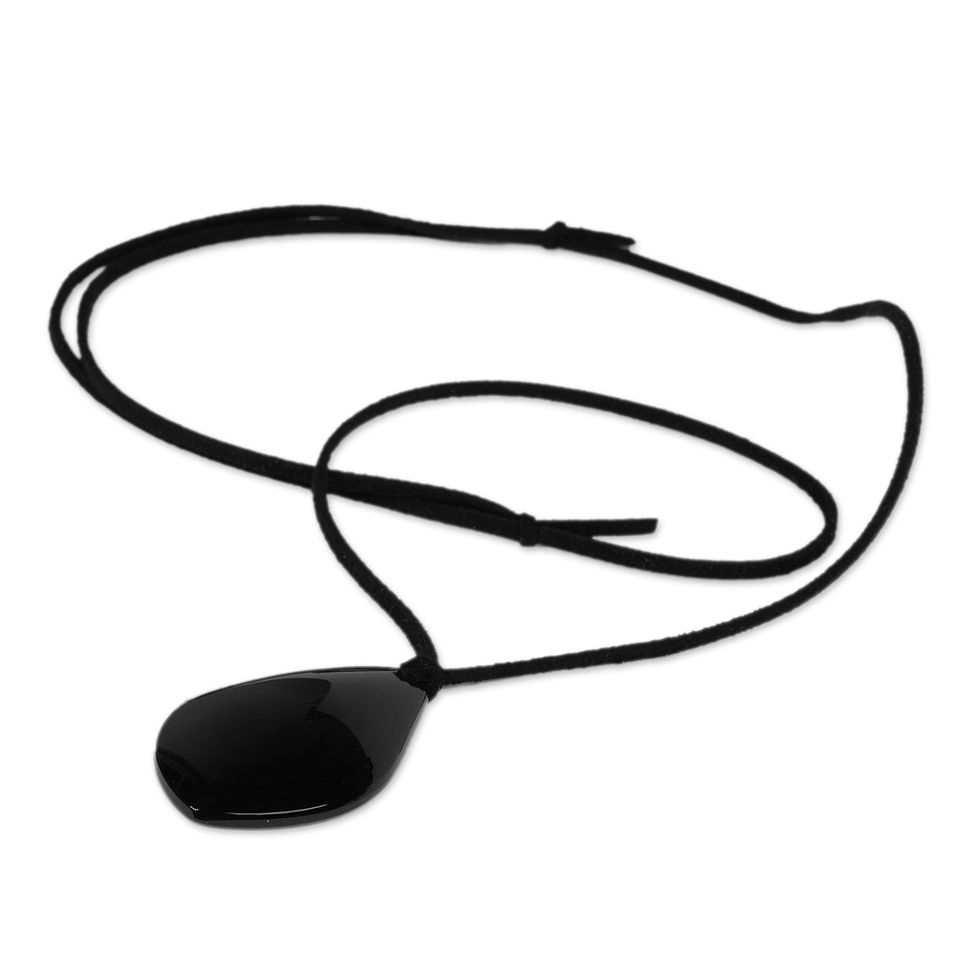 Bohemian Natural Obsidian and Faux Leather Pendant Necklace - Nocturnal Night