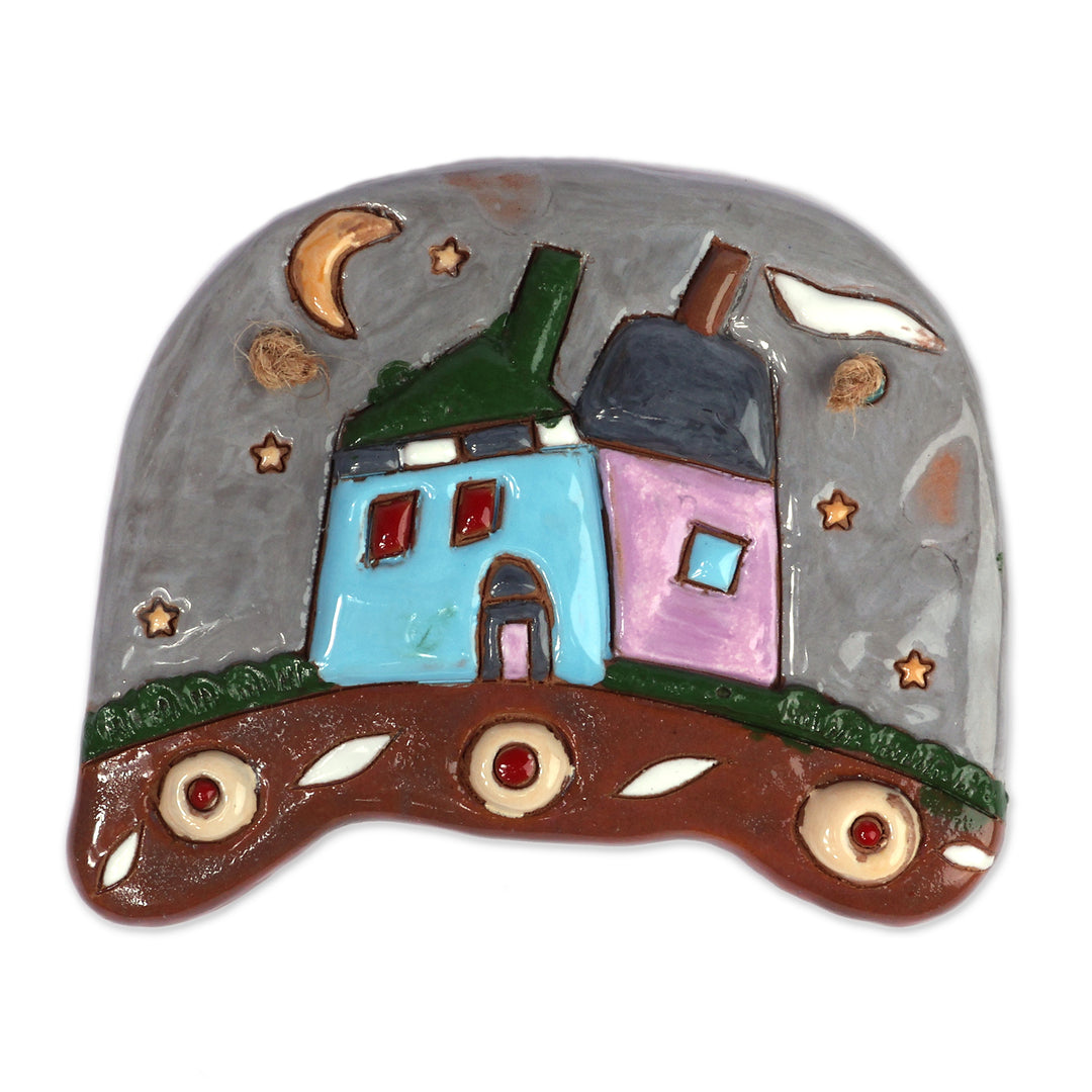 Hand-Painted Glazed Armenian Cottage-Themed Ceramic Wall Art - Cottage Enchantment