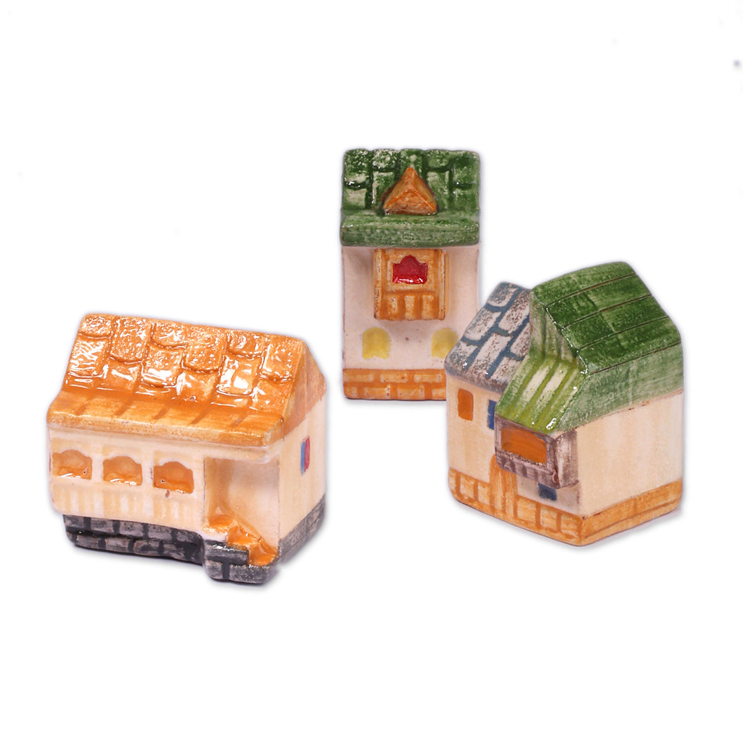 3 Painted Glazed Armenian Cottage-Themed Ceramic Figurines - Charming Cottages