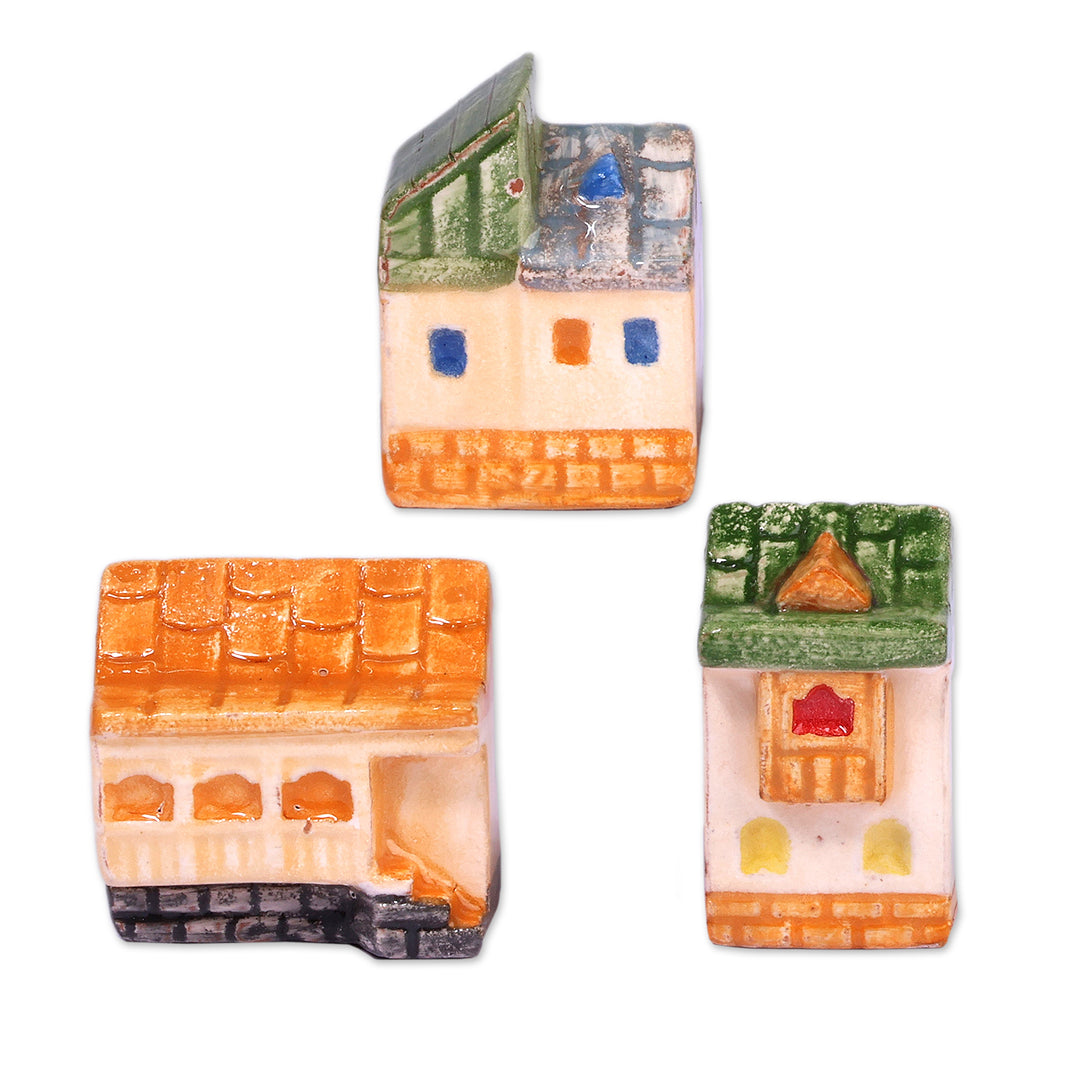 3 Painted Glazed Armenian Cottage-Themed Ceramic Figurines - Charming Cottages