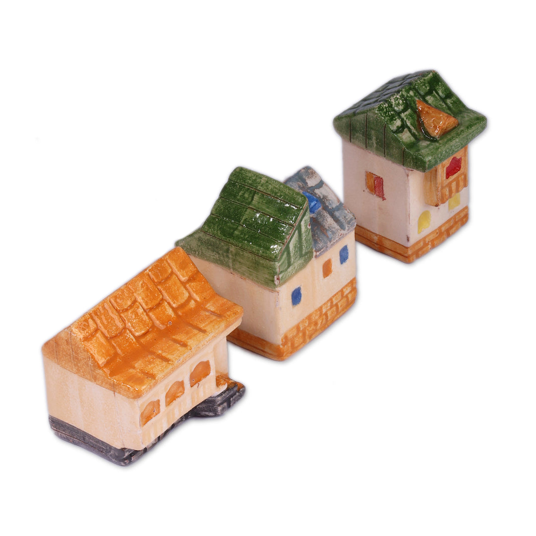3 Painted Glazed Armenian Cottage-Themed Ceramic Figurines - Charming Cottages