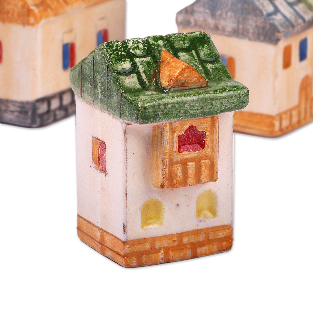 3 Painted Glazed Armenian Cottage-Themed Ceramic Figurines - Charming Cottages